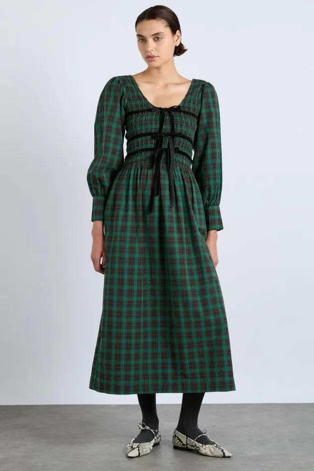 Women Damson Madder Dresses Elle Shirred Midi Dress 8211 Green Check