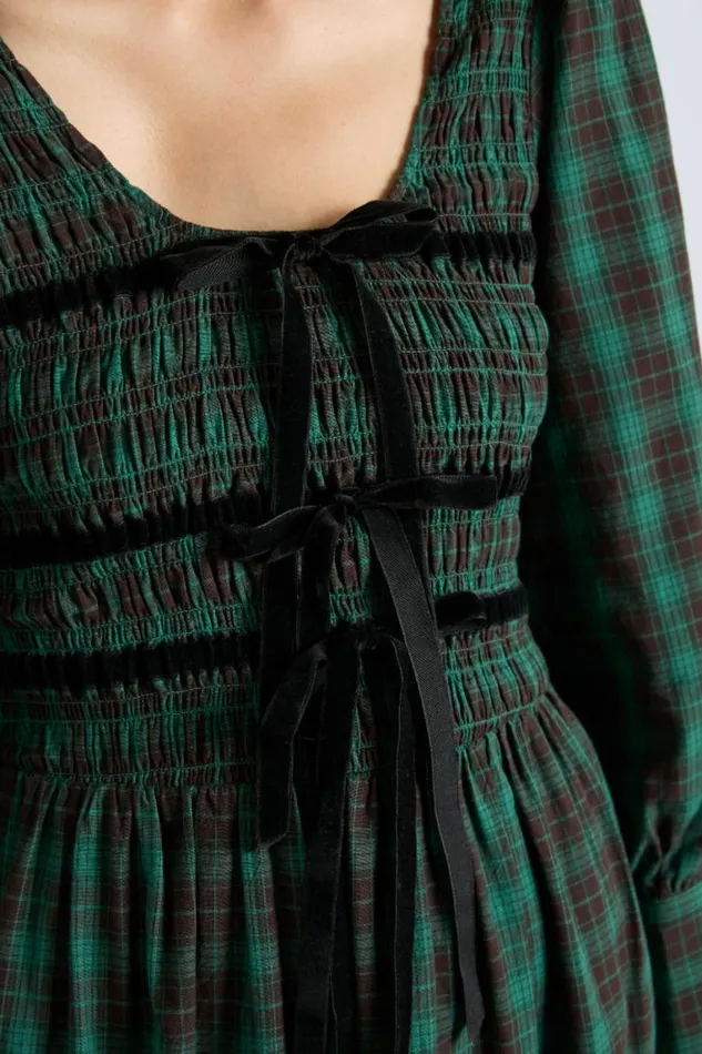 Women Damson Madder Dresses Elle Shirred Midi Dress 8211 Green Check