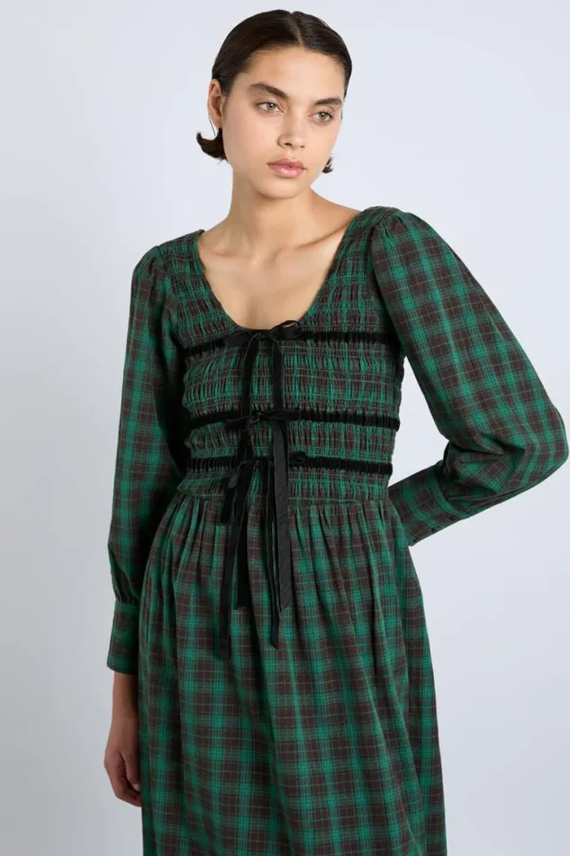 Women Damson Madder Dresses Elle Shirred Midi Dress 8211 Green Check