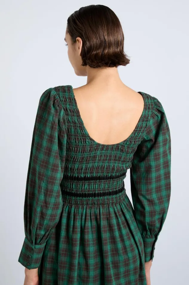 Women Damson Madder Dresses Elle Shirred Midi Dress 8211 Green Check