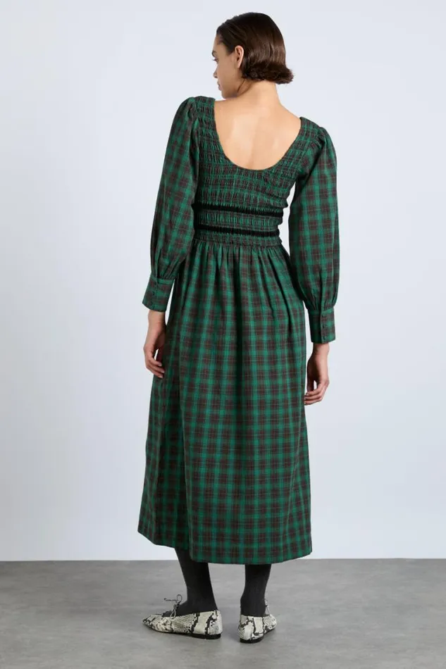 Women Damson Madder Dresses Elle Shirred Midi Dress 8211 Green Check