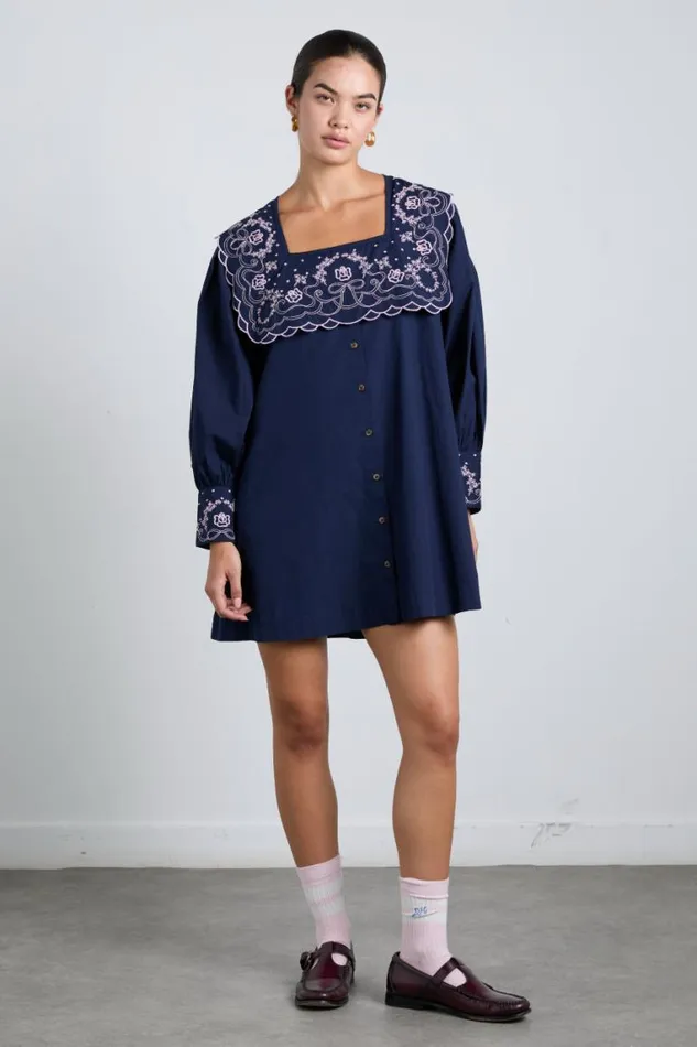 Women Damson Madder Dresses Mala Embroidered Mini Dress Navy