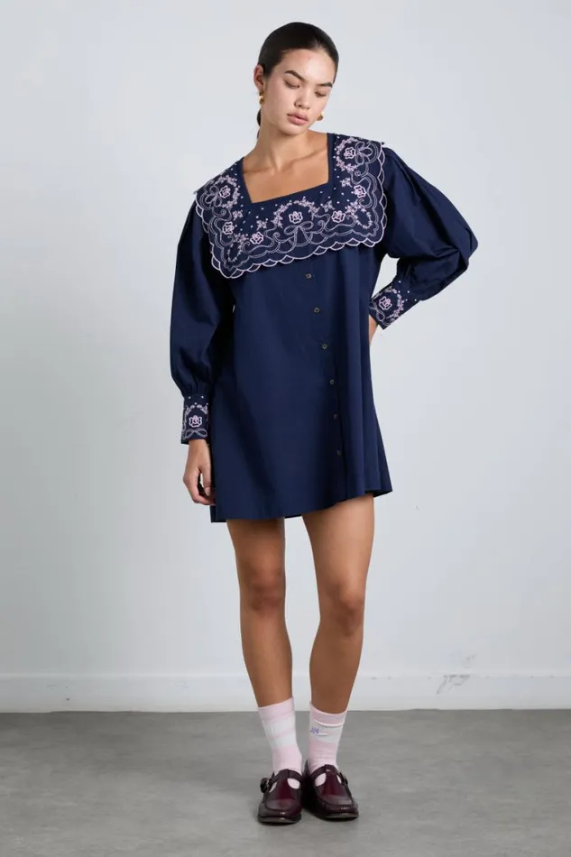 Women Damson Madder Dresses Mala Embroidered Mini Dress Navy