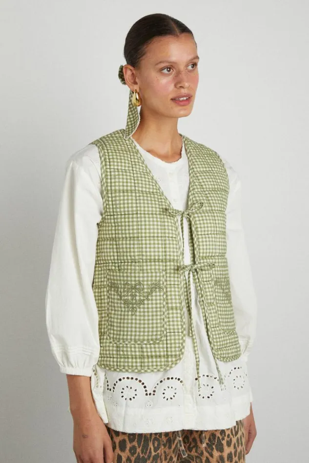 Women Damson Madder Gilets Arte Reversible Tie Gilet 8211 Green Gingham