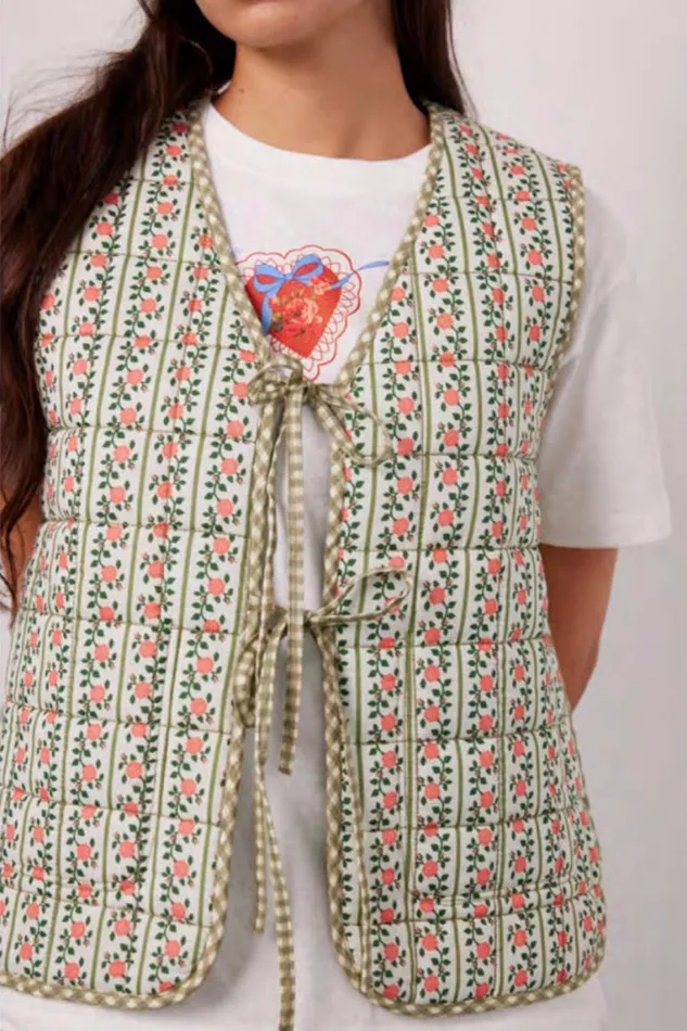Women Damson Madder Gilets Arte Reversible Tie Gilet 8211 Green Gingham