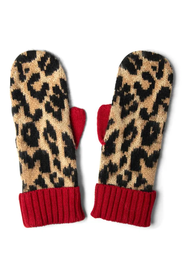 Women Damson Madder Gloves Leopard Mittens In Fluffy Yarn