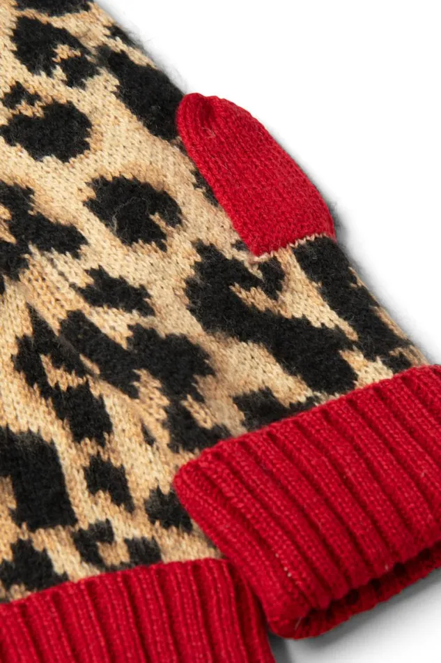 Women Damson Madder Gloves Leopard Mittens In Fluffy Yarn
