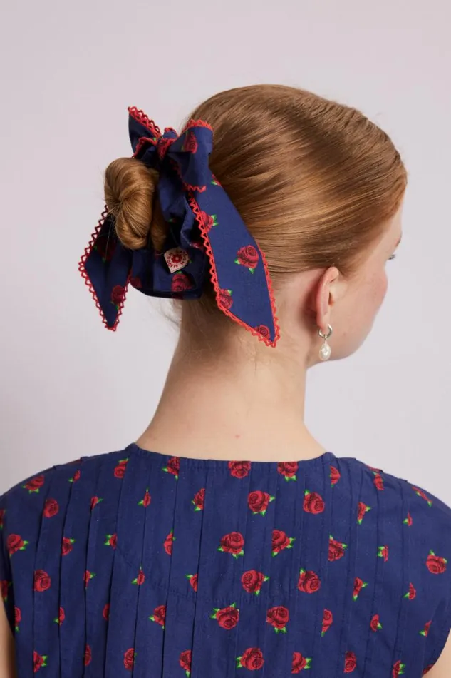 Women Damson Madder Hair Accessories Bow Scrunchie In Rose Print