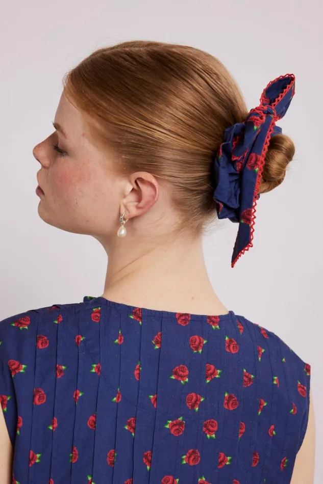Women Damson Madder Hair Accessories Bow Scrunchie In Rose Print