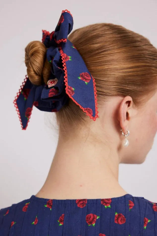 Women Damson Madder Hair Accessories Bow Scrunchie In Rose Print