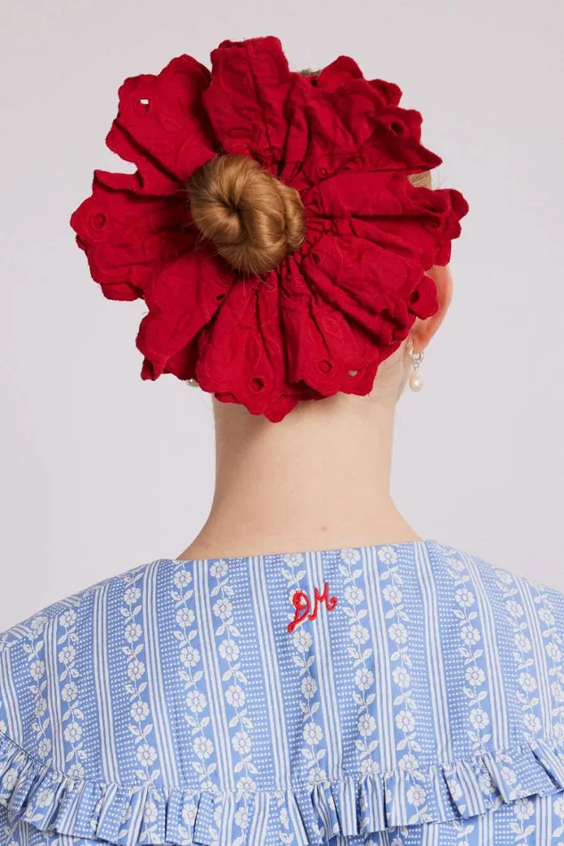 Women Damson Madder Hair Accessories Embroidered Scrunchie In Red