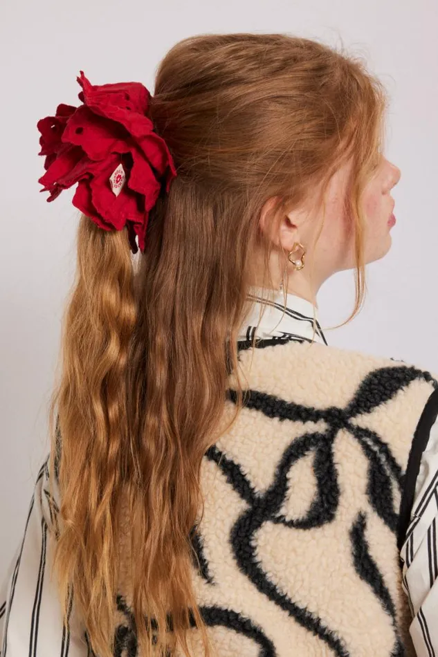 Women Damson Madder Hair Accessories Embroidered Scrunchie In Red