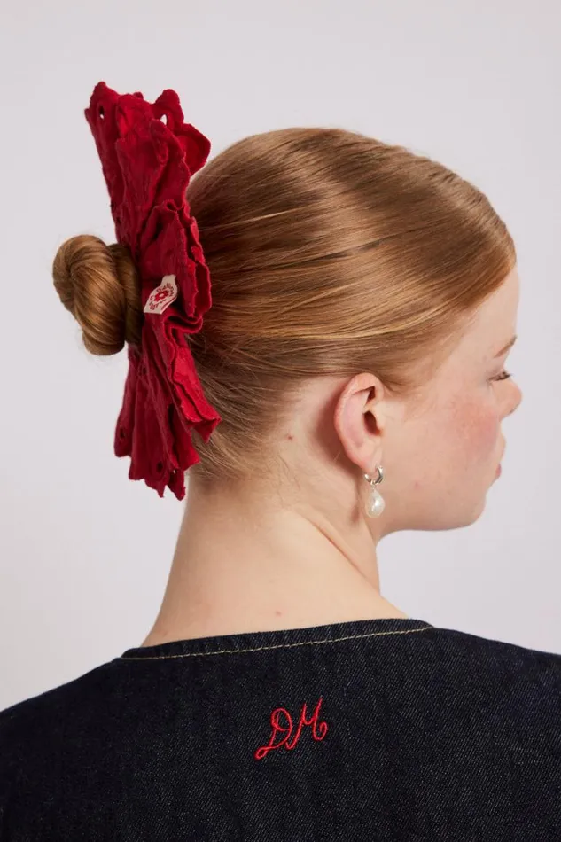 Women Damson Madder Hair Accessories Embroidered Scrunchie In Red