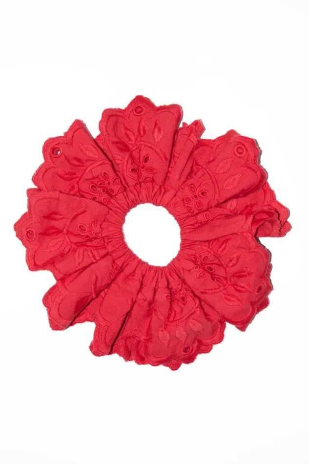 Women Damson Madder Hair Accessories Embroidered Scrunchie In Red