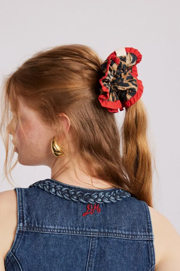 Women Damson Madder Hair Accessories Frill Scrunchie In Leopard With Red Edge