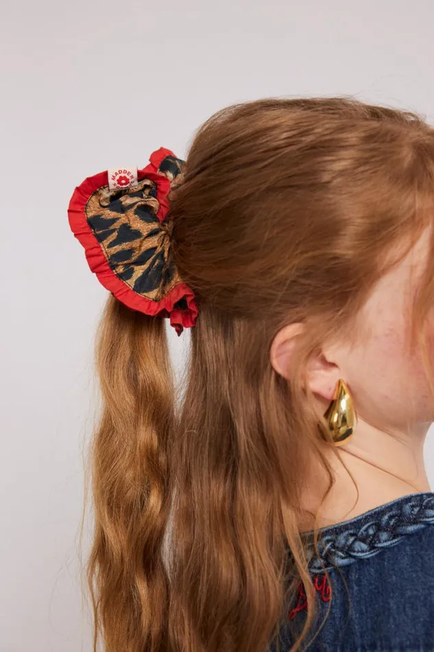 Women Damson Madder Hair Accessories Frill Scrunchie In Leopard With Red Edge