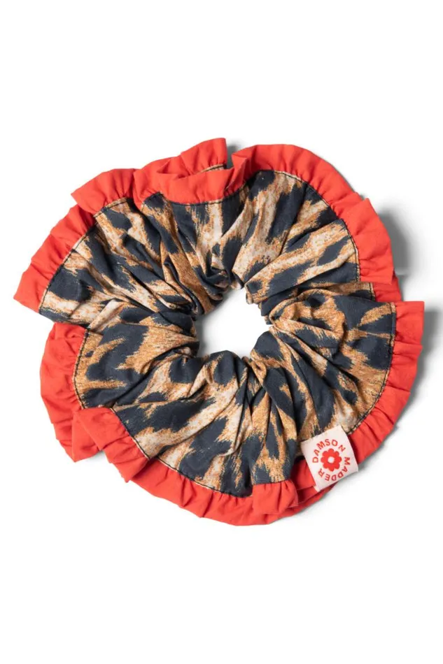 Women Damson Madder Hair Accessories Frill Scrunchie In Leopard With Red Edge