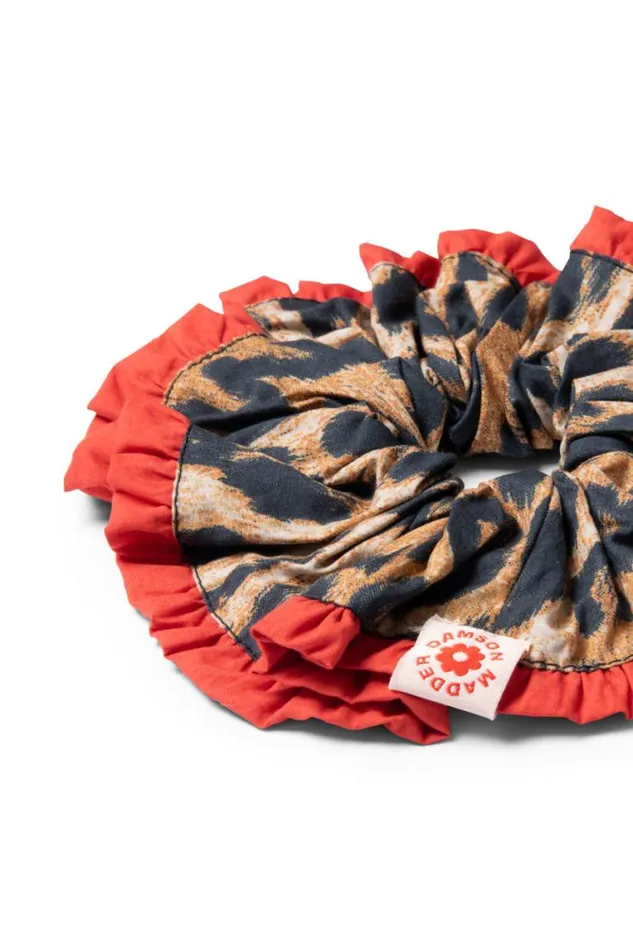 Women Damson Madder Hair Accessories Frill Scrunchie In Leopard With Red Edge