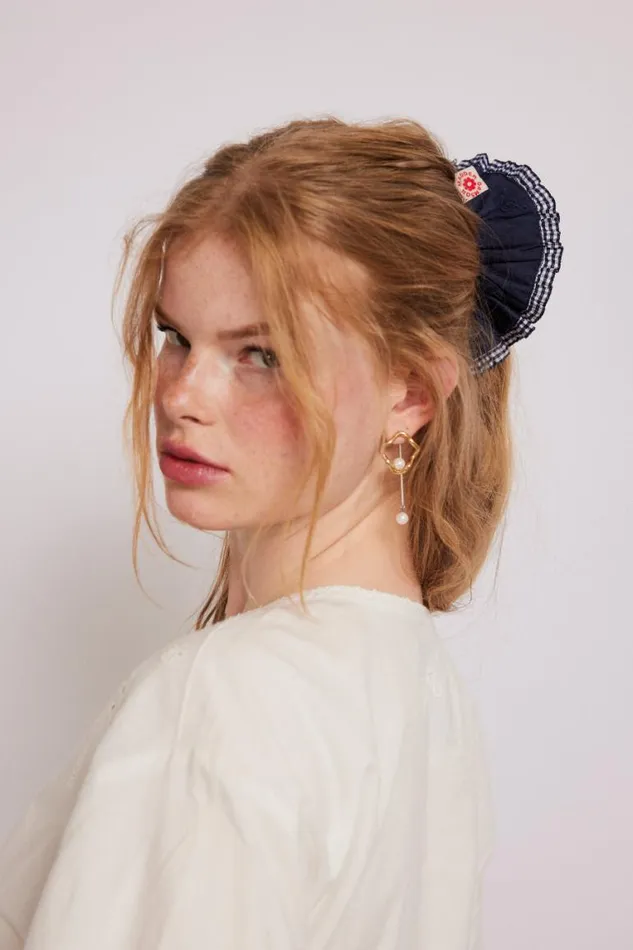 Women Damson Madder Hair Accessories Frill Scrunchie In Navy With Gingham Edge