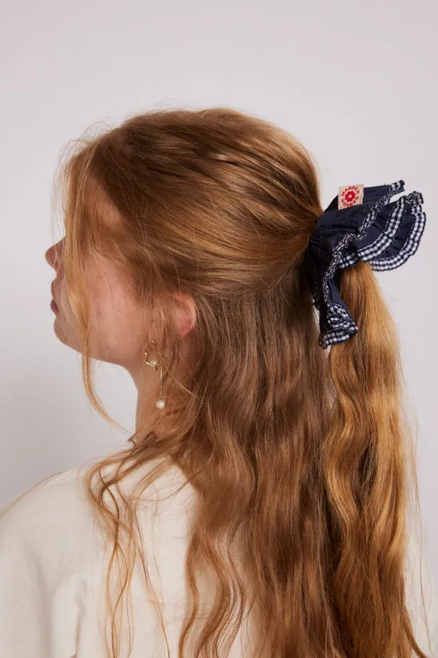 Women Damson Madder Hair Accessories Frill Scrunchie In Navy With Gingham Edge
