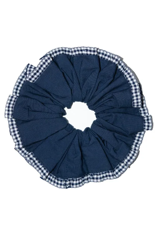 Women Damson Madder Hair Accessories Frill Scrunchie In Navy With Gingham Edge