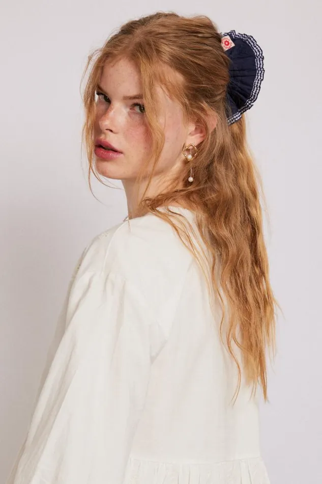Women Damson Madder Hair Accessories Frill Scrunchie In Navy With Gingham Edge