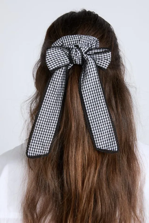 Women Damson Madder Hair Accessories Gingham Bow Scrunchie In Black and Ecru