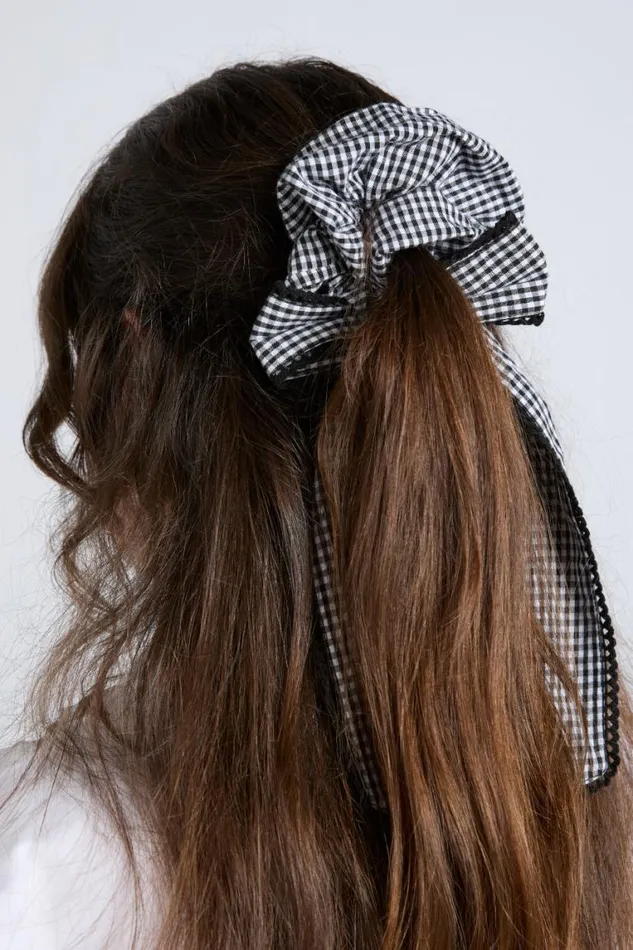 Women Damson Madder Hair Accessories Gingham Bow Scrunchie In Black and Ecru