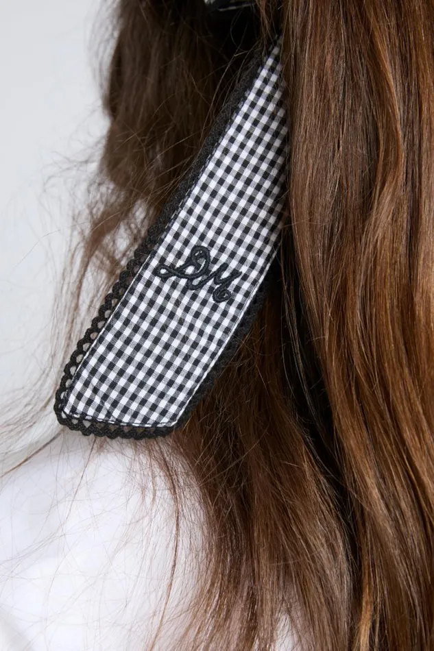 Women Damson Madder Hair Accessories Gingham Bow Scrunchie In Black and Ecru