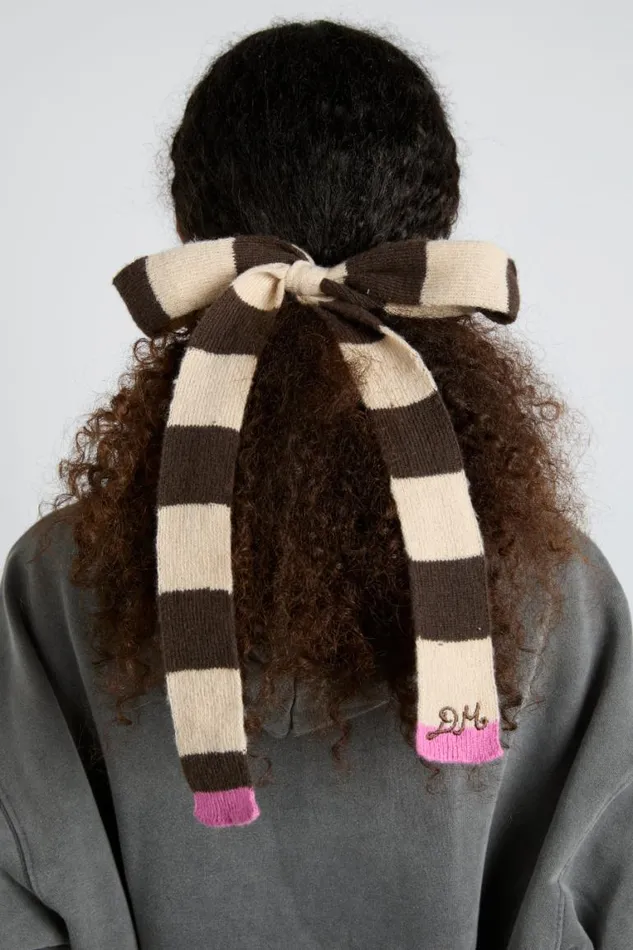 Women Damson Madder Hair Accessories Knitted Hair Bow In Stripe 8211 Ecru and Choc
