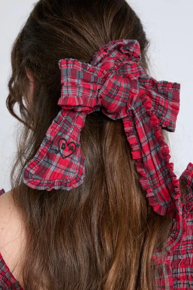 Women Damson Madder Hair Accessories Red Check Bow Scrunchie
