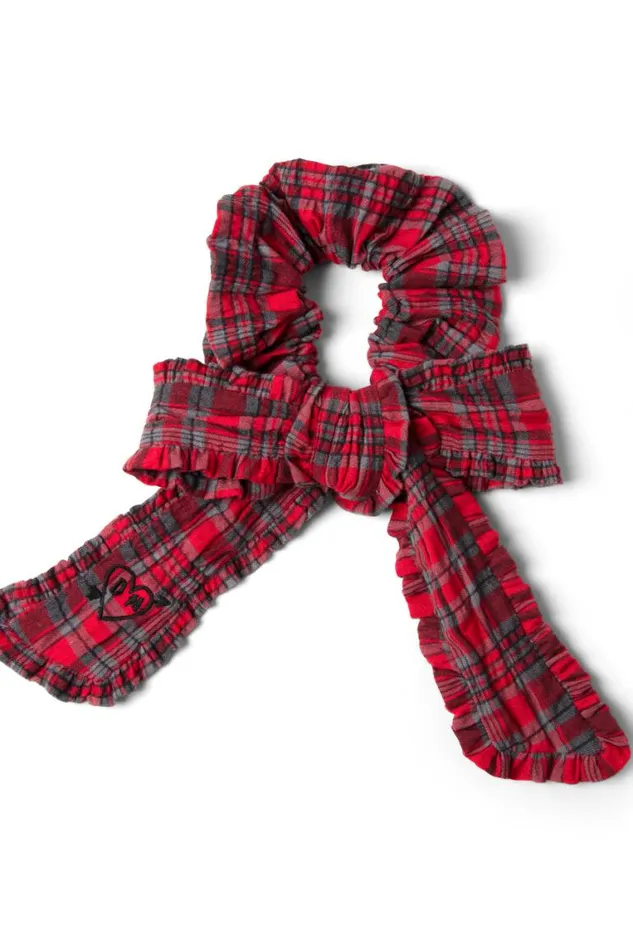 Women Damson Madder Hair Accessories Red Check Bow Scrunchie