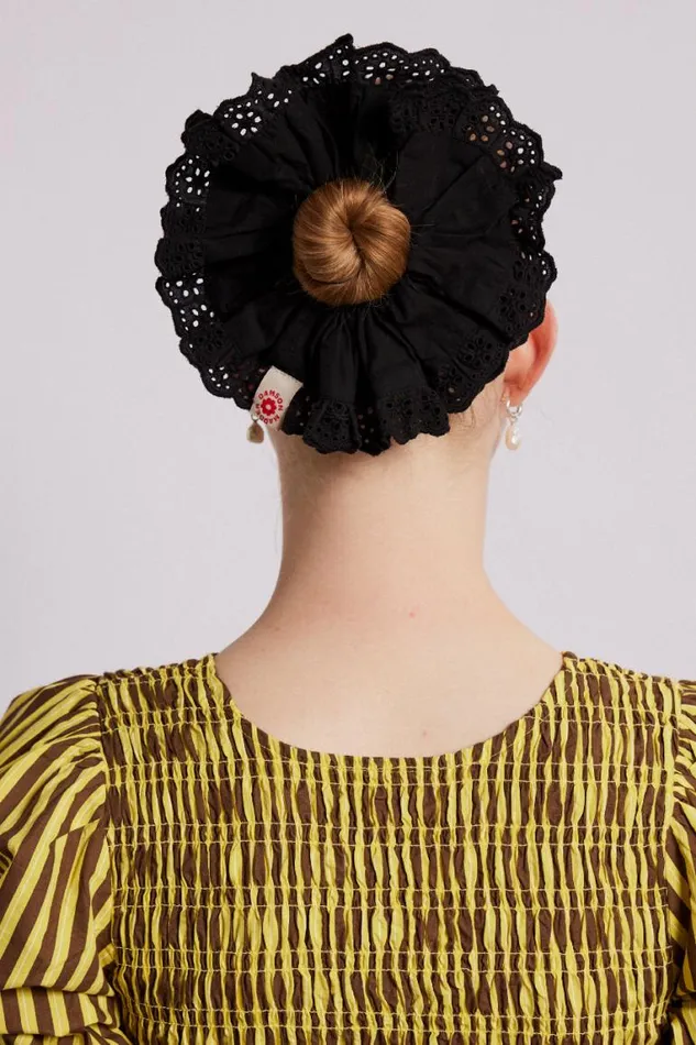 Women Damson Madder Hair Accessories Scrunchie With Broderie Edge 8211 Black