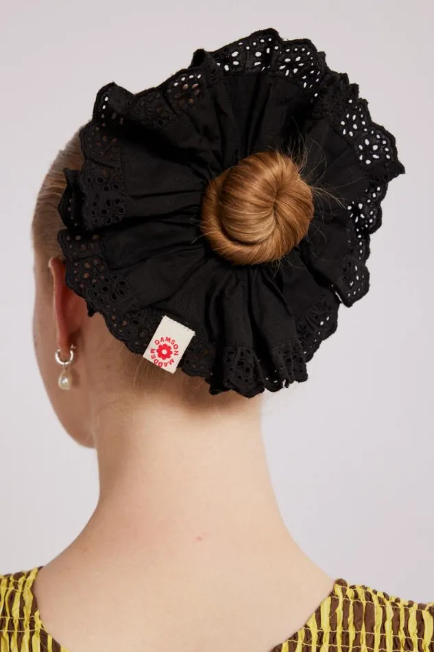 Women Damson Madder Hair Accessories Scrunchie With Broderie Edge 8211 Black