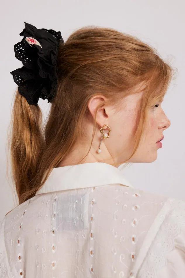 Women Damson Madder Hair Accessories Scrunchie With Broderie Edge 8211 Black