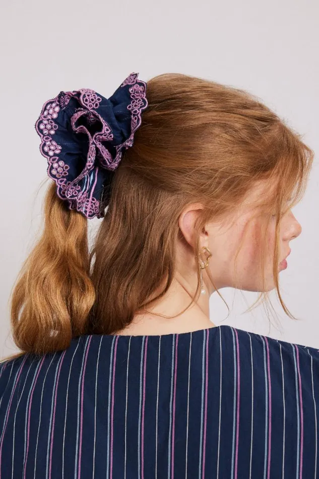Women Damson Madder Hair Accessories Stripe Scrunchie With Broderie Edge