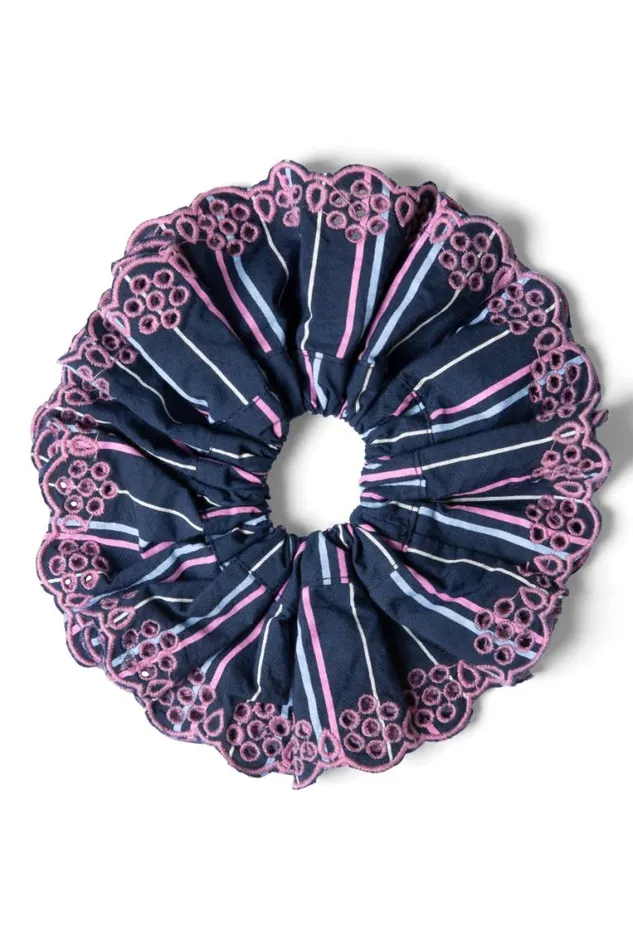 Women Damson Madder Hair Accessories Stripe Scrunchie With Broderie Edge