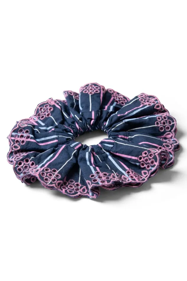 Women Damson Madder Hair Accessories Stripe Scrunchie With Broderie Edge