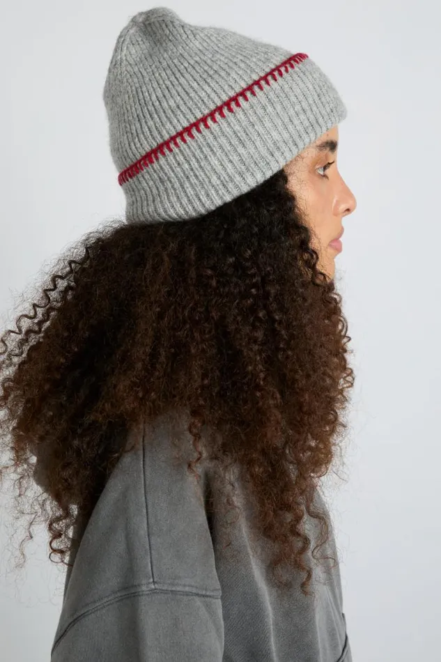 Women Damson Madder Hats Blanket Stitch Beanie Grey