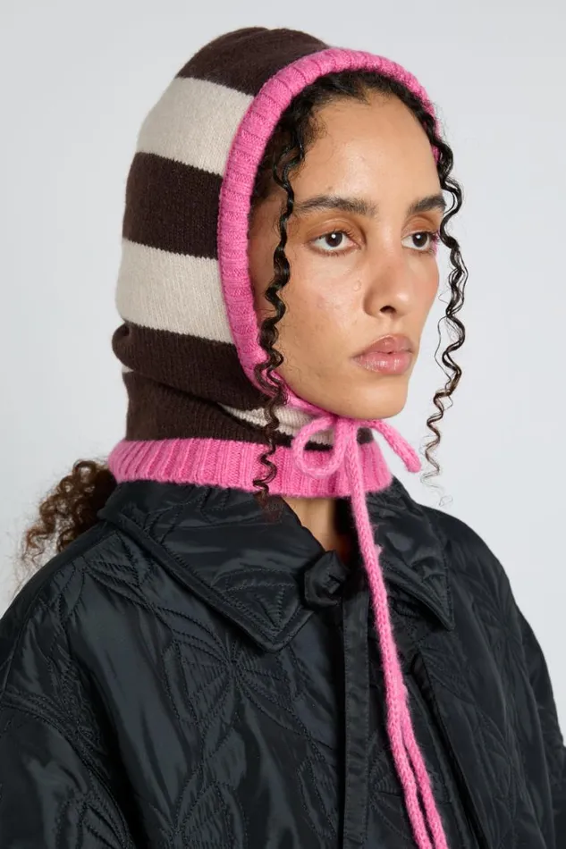 Women Damson Madder Hats Hood In Cream and Choc With Pink Tie