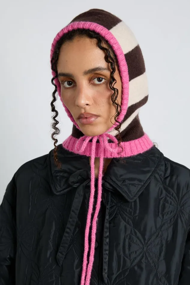 Women Damson Madder Hats Hood In Cream and Choc With Pink Tie
