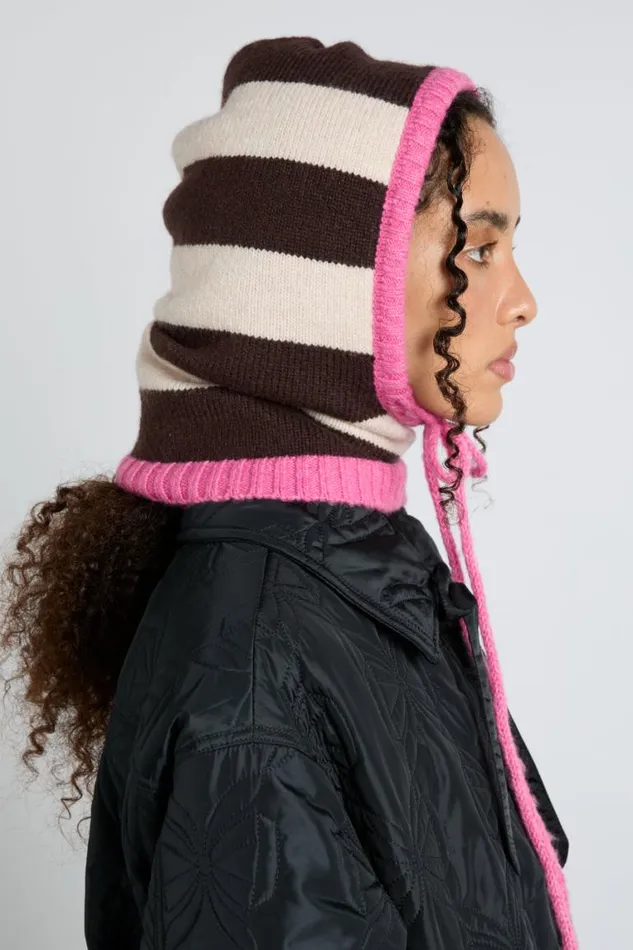 Women Damson Madder Hats Hood In Cream and Choc With Pink Tie