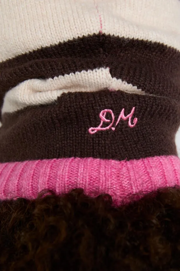 Women Damson Madder Hats Hood In Cream and Choc With Pink Tie