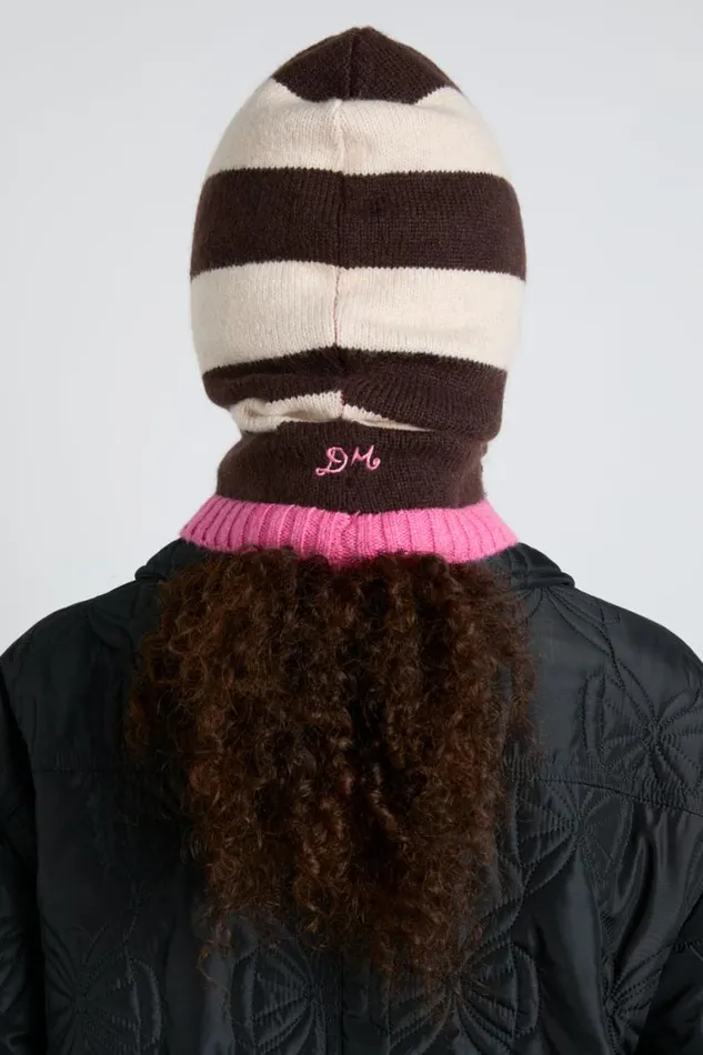 Women Damson Madder Hats Hood In Cream and Choc With Pink Tie