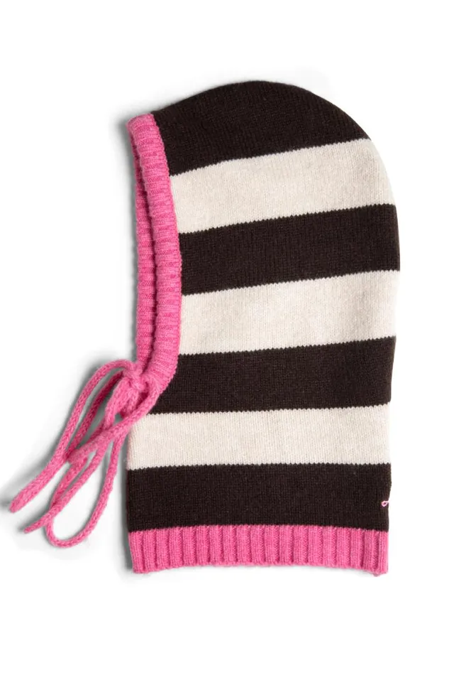 Women Damson Madder Hats Hood In Cream and Choc With Pink Tie