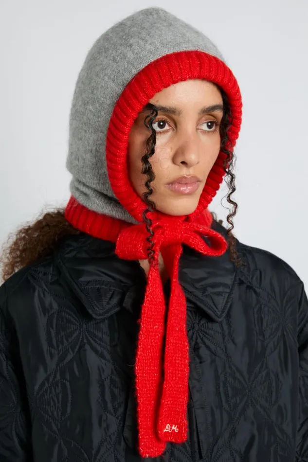 Women Damson Madder Hats Hood In Grey Marl With Red Tie In Premium Yarn