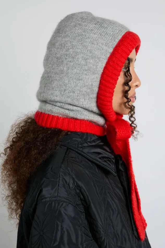 Women Damson Madder Hats Hood In Grey Marl With Red Tie In Premium Yarn