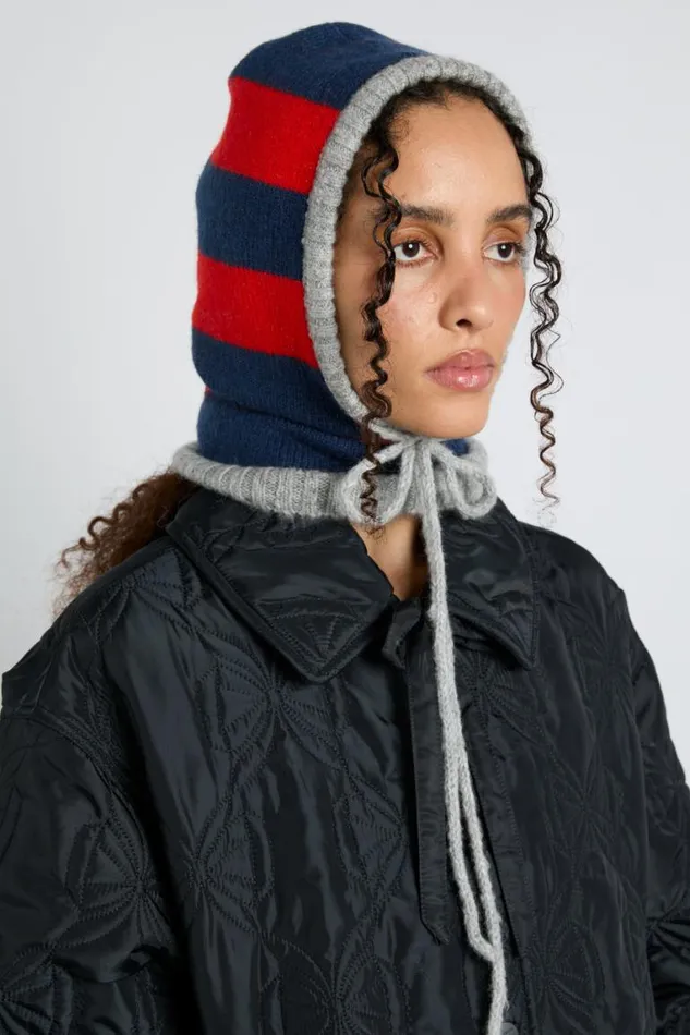 Women Damson Madder Hats Hood In Red and Navy With Grey Tie
