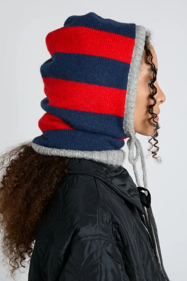 Women Damson Madder Hats Hood In Red and Navy With Grey Tie