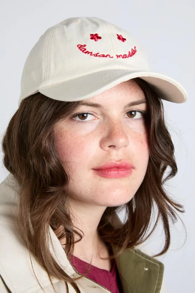 Women Damson Madder Hats Smiley Cap In Natural With Red Embroidery